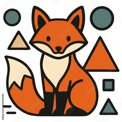 A cute orange fox with a white belly sits on a light background, surrounded by geometric shapes and a sun, perfect for kids' designs or playful artwork.