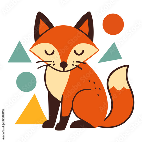A cute orange fox with a white belly sits on a light background, surrounded by geometric shapes and a sun, perfect for kids' designs or playful artwork.