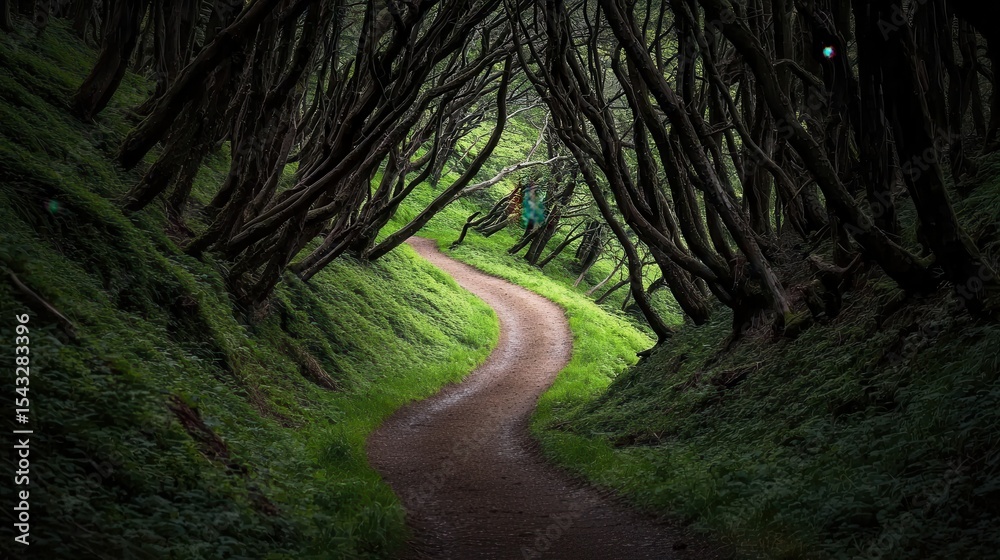 Obraz premium A winding forest path curves through dense, arching trees creating a tunnel-like canopy with lush green moss and ferns lining the forest floor.