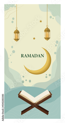 Tranquil Islamic Illustration with Crescent Moon, Holy Book, and Lanterns-03