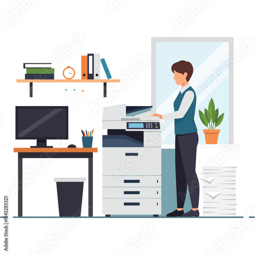 Woman Using Multifunction Printer in Modern Office