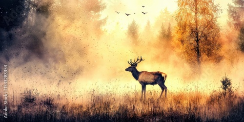 A majestic elk stands in a misty forest clearing at sunrise, surrounded by autumn trees and flying birds.