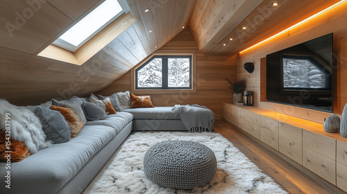 Newly finished attic space with slanted ceiling and modern design 