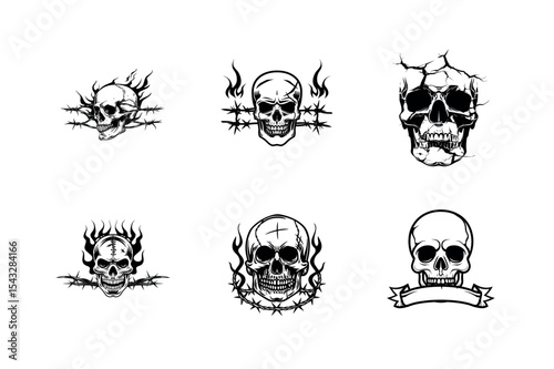 Six skull silhouettes with flames and barbed wire