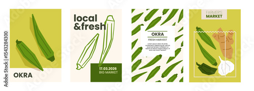 Fresh okra illustration. Simple posters with  vegetable for farmers market advertising. Vector templates with copyspace. Set of harvested veggies in minimal hand drawn and flat style.