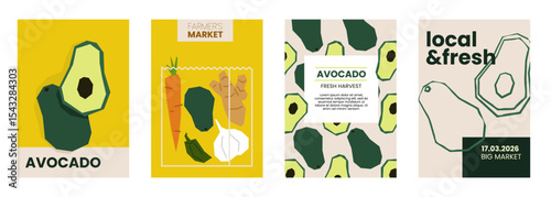 Fresh avocado illustration. Simple posters with organic fruits for farmers market advertising. Vector templates with copyspace. Set of harvested tropical food in minimal hand drawn and flat style.
