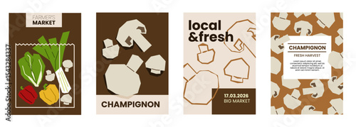 Fresh champignon illustration. Simple posters with mushrooms for farmers market advertising. Vector templates with copyspace. Set of harvested fungi in minimal hand drawn and flat style.
