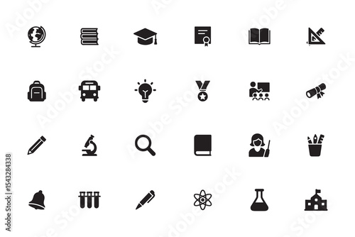 School and education glyph icon set. Learning, science, and university vector symbols 