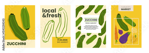 Fresh zucchini illustration. Simple posters with courgettes for farmers market advertising. Vector templates with copyspace. Set of harvested squash in minimal hand drawn and flat style