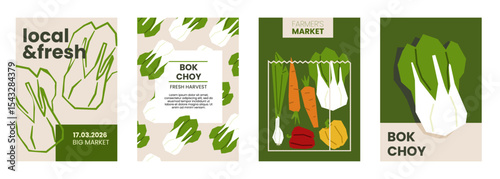 Fresh bok choy illustration. Simple posters with chinese cabbage vegetable for farmers market. Vector templates with copyspace. Set of harvested salad vegetables in minimal hand drawn and flat style.