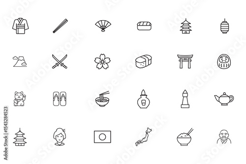 Japanese culture line icon set. Traditional symbols, food, architecture, and lifestyle elements