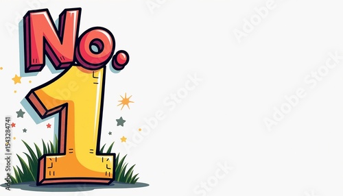 Colorful number one graphic with stars and grass background, copy space  