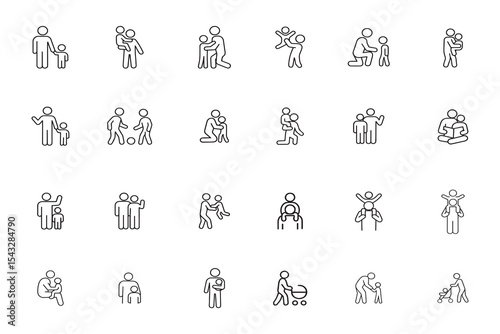 Father and child line icon set. Dad with son, daughter, and baby. Fatherhood, parenting, and family life vector outline symbols
