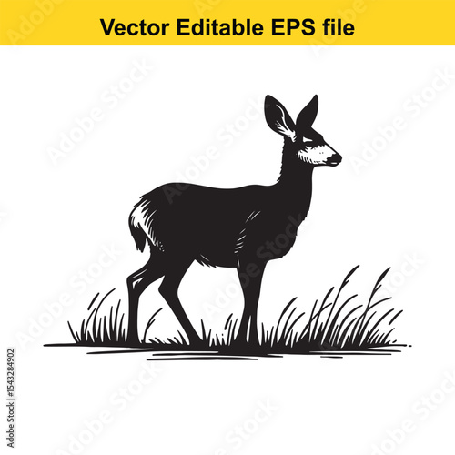Monochrome Illustration of a Deer Standing in Grass Vector Silhouette an Elegant Depiction of Wildlife and Nature