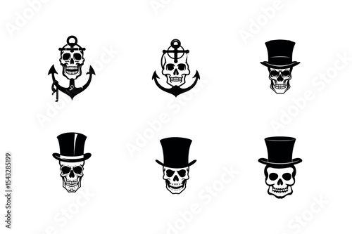 Six skull silhouettes with hats and anchors silhouette