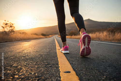 Woman jogging on asphalt road at sunset