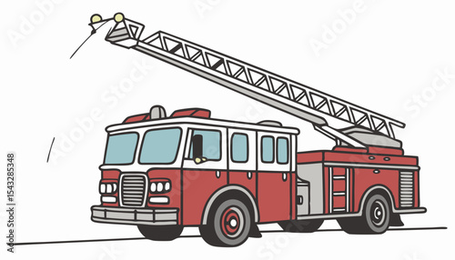 Create a vector illustration of a vibrant red firetruck with its ladder fully extended, spraying water. Show realistic details.   