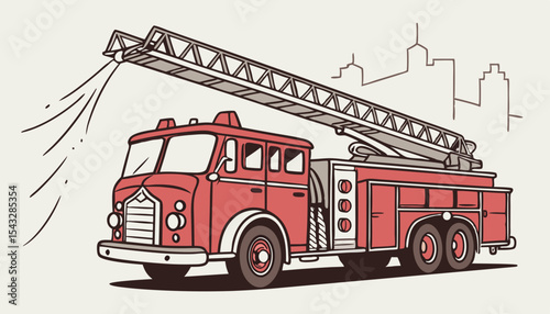 Create a vector illustration of a vibrant red firetruck with its ladder fully extended, spraying water. Show realistic details.   
