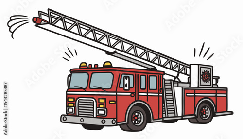 Create a vector illustration of a vibrant red firetruck with its ladder fully extended, spraying water. Show realistic details.   
