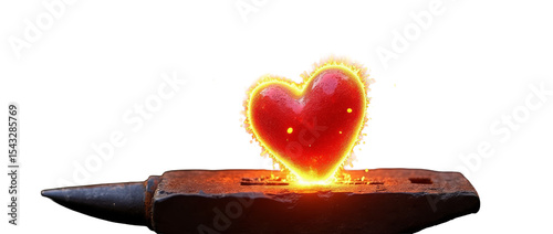 A Heart Glowing Like Molten Metal Resting on a Blacksmith’s Anvil, Sparks Fly Around It as If Being Forged