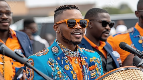 A man in a blue suit with orange accents and sunglasses is playing a drum.
