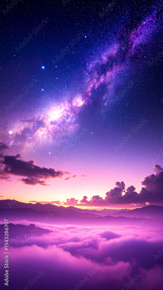 Fototapeta premium Purple Sky Dreamscape: Majestic dreamscape featuring a view above the clouds with a vibrant purple sky, stars, and the milky way.