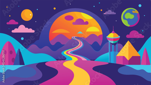 Colorful dreamlike landscape illustration featuring scenic mountain road and cosmic elements