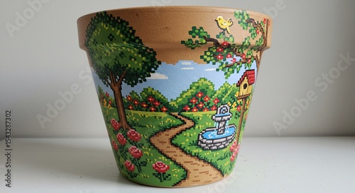 Pixelated Garden Scene Hand Painted on Terracotta Flower Pot