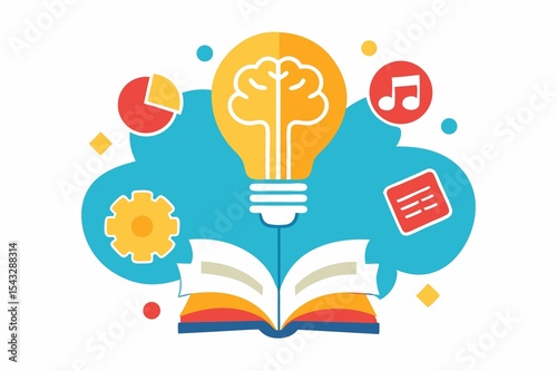 Symbolic Representation of Knowledge Creation Open Book Leading to Bright Idea and Inspiration with Colorful Graphic Elements