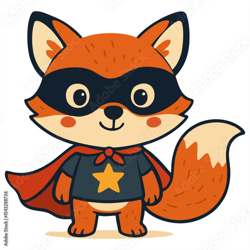 A cute orange fox in a superhero costume with a red cape and star emblem, set against a light background, perfect for kids' art, cartoons, or playful designs.