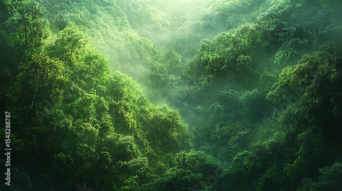 Luminous Canopy A Verdant Forest Bathed in Morning Mist