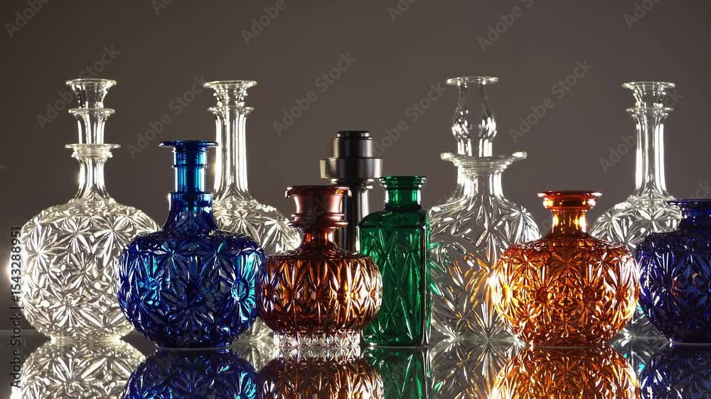 Colorful glass bottles of various shapes and sizes are displayed on a reflective surface, creating a visually appealing arrangement