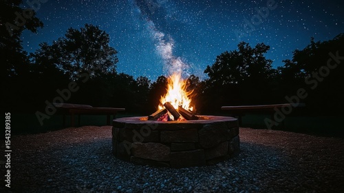 Starry night campfire scene with stone fire pit