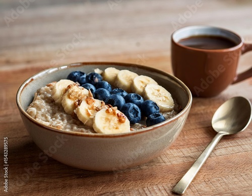 Warm oatmeal bowl topped with sliced bananas, blueberries, and nuts, with coffee