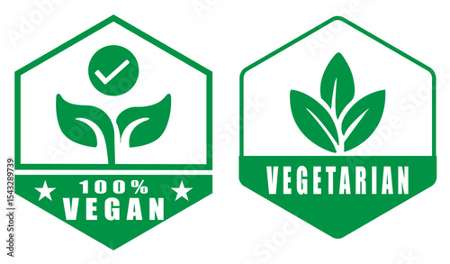 Two green and white vegan and vegetarian labels with leaves on a white background isolated. Vegan and vegetarian food logo badge. Green product label with leaf icons