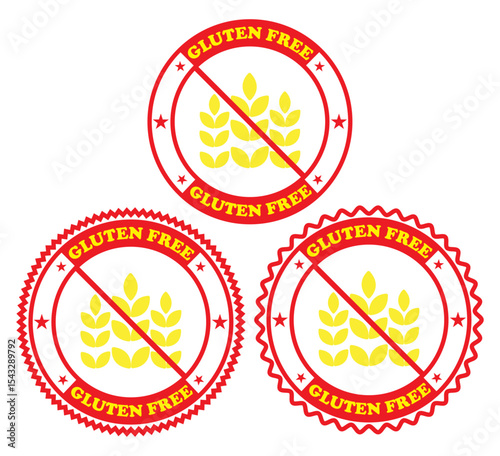 Three gluten free seals with red circles and yellow wheat on a white isolated background image. Gluten free badges with bold icons. No gluten symbols for dietary tags
