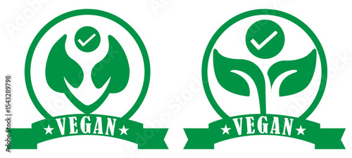 Two green vegan certified labels with leaves and check marks in circles on a white background. Vegan certification logo with green design. Organic food tag with plant emblem