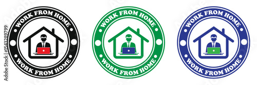 Three work from home icons in black green and blue showing a person at a laptop in a house. Work from home logo in three colors. Remote office badge with suited figure. 