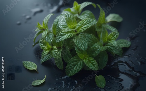 Fresh Mint Leaves on Black Background with Water Droplets photo
