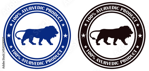 Two circular seals with lions and text stating one hundred percent ayurvedic product design. Certification mark for ayurvedic goods. Lion icon design for herbal branding