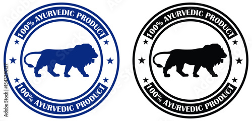 100% ayurvedic logos in black and blue. Two circular logos featuring a lion silhouette and text indicating ayurvedic product certification. Ayurvedic lion badge for product labels