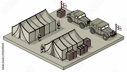 Detailed illustration of a military barracks camp setup, showcasing tents, supply crates, and military vehicles. Focus on realism and meticulous detail       