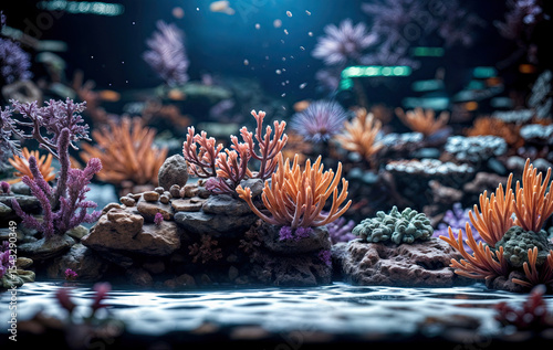 A close-up view of the vibrant coral and rock formations, highlighting the textures and colors.