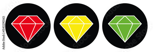 Three colorful diamonds in red yellow and green on black circular backgrounds in a row design graphic. Diamond warning labels in three colors. Signal icons in red yellow and green