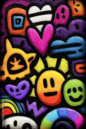 Textured Colorful Abstract Doodle Pattern with Smiling Faces and Hearts