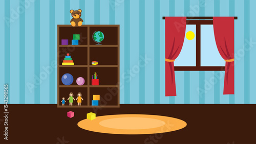 Children's room with bookshelves, toys and toys. Vector illustration