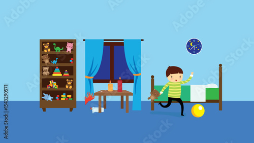 Boy playing guitar in bedroom, vector illustration. Flat design style.
