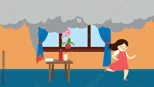 Woman in the room with smoke coming out of the window. Vector illustration