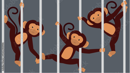 Monkey in a cage. Vector illustration in flat design style.