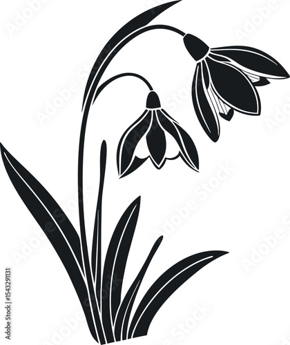  January Birth Flower Snowdrop Silhouette. Simple floral shape, isolated vector graphic for design.